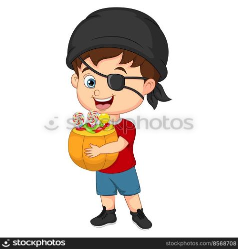 Cute pirate boy holding a basket of candies