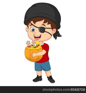 Cute pirate boy holding a basket of candies