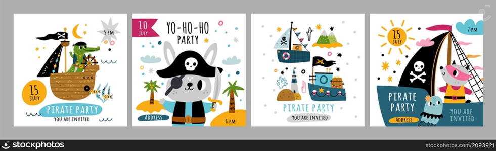 Cute pirate cards. Funny kids sailors with marine elements. Happy animals characters with sabers. Sailing ships and filibusters. Tropical islands with palms and sea waves. Vector party invitations set. Cute pirate cards. Kids sailors with marine elements. Happy animals characters with sabers. Ships and filibusters. Tropical islands with palms and sea waves. Vector party invitations set