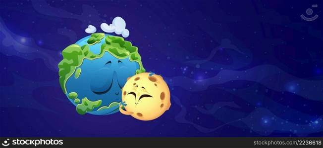 Cute planet Earth and Moon characters embrace in outer space. Vector cartoon illustration of hugs of funny green planet with clouds and satellite on background of cosmos and galaxy. Cute planet Earth and Moon embrace in outer space