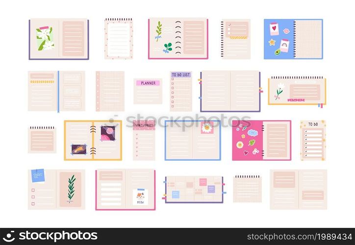 Cute planner, diary, journal, paper notebook and to do list. Decorated notepads with stickers, photos and flowers. Cartoon notes vector set. Pages for schedule, daily organizer, do not forget. Cute planner, diary, journal, paper notebook and to do list. Decorated notepads with stickers, photos and flowers. Cartoon notes vector set