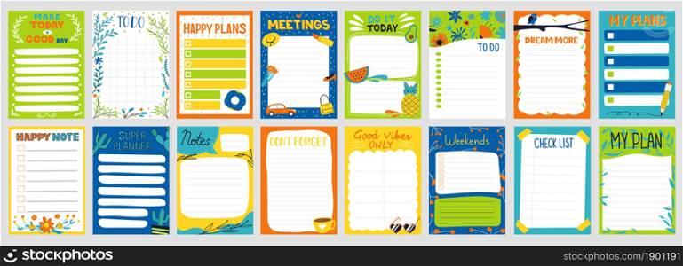 Cute planner. Notepad to do list. Paper page with colorful decoration. Schedule card and trendy memo mockup. Organizer sheets design templates set. Kids school stationery. Vector agenda collection. Cute planner. Notepad to do list. Paper page with colorful decoration. Schedule card and memo mockup. Organizer sheets templates set. Kids school stationery. Vector agenda collection