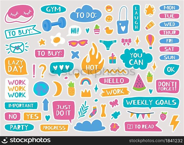 Cute planner stickers, diary or notebook trendy decor elements. Calendar reminders, quotes, daily or weekly planner doodle sticker vector set. School and work badges for schedule organizer. Cute planner stickers, diary or notebook trendy decor elements. Calendar reminders, quotes, daily or weekly planner doodle sticker vector set