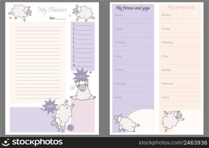 Cute planner templates - for a day, a week, a to-do list, a place to take notes, and a weekly fitness and yoga schedule. funny sheep in asanas - yoga pets. Organizer and Schedule. Vector. A4. Isolated