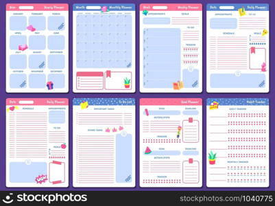 Cute planner templates. Weekly, monthly and yearly planners. To do list, goal planner and habit tracker pages design. Month organizer scrapbook schedule isolated vector icons set. Cute planner templates. Weekly, monthly and yearly planners. To do list, goal planner and habit tracker pages design vector set