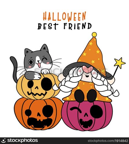 cute playful black kitten cat with happy witch gnome Halloween sit on orange pumpkin, flat cartoon character hand drawn doodle outline
