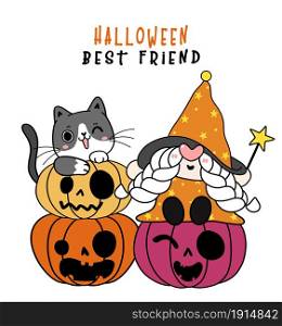 cute playful black kitten cat with happy witch gnome Halloween sit on orange pumpkin, flat cartoon character hand drawn doodle outline