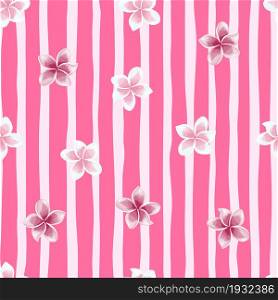 Cute plumeria flower seamless pattern on pink stripe background. Exotic tropical wallpaper. Abstract botanical backdrop. Design for fabric , textile print, wrapping, cover. Vector illustration.. Cute plumeria flower seamless pattern on pink stripe background. Exotic tropical wallpaper.