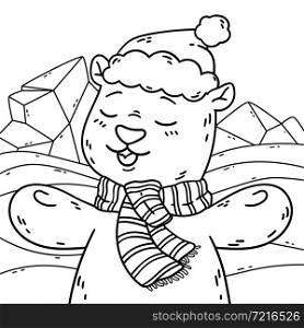 Cute polar bear at the north with santa claus hat and scarf. Happy new year and merry christmas coloring page. Vector illustration isolated background.
