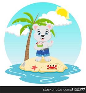 Cute polar bear cartoon at tropical beach