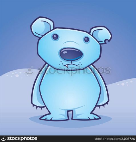 Cute polar bear cub standing in a snow covered landscape drawn in a humorous cartoon style.