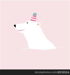Cute polar bear in a striped red hat swims in the water with an iceberg. Template for merry christmas and new year cards, greetings, banners or posters.