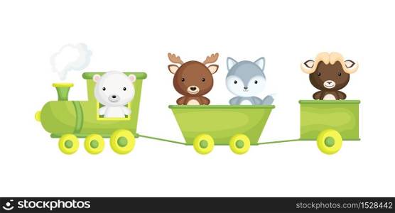 Cute polar bear, moose, wolf and musk ox ride on train. Graphic element for childrens book, album, scrapbook, postcard or mobile game. Zoo theme. Flat vector illustration isolated on white background.