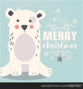 Cute polar bear on blue background and Merry Christmas lettering, vector illustration