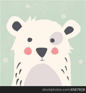 Cute polar bear with snowflakes on green background, vector illustration