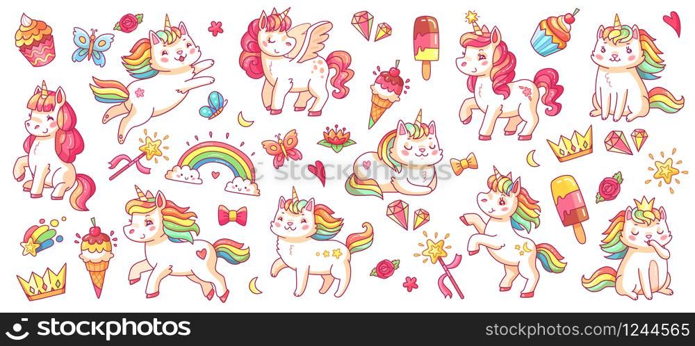Cute pony and cat unicorns. baby rainbow pegasus and caticorn, diamond and crown, butterfly and magic wand isolated cartoon vector characters set for kids book. Cute pony and cat unicorns. isolated cartoon vector characters set for kids book