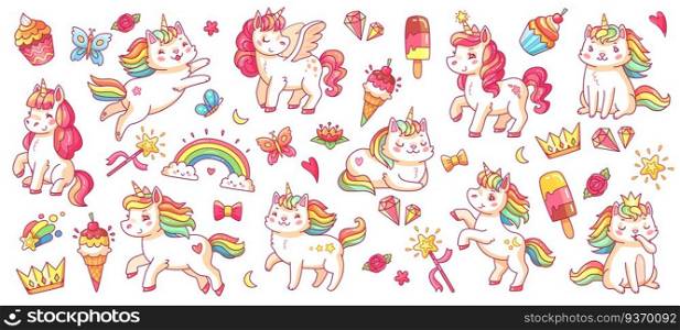 Cute pony and cat unicorns. baby rainbow pegasus and caticorn, diamond and crown, butterfly and magic wand isolated cartoon vector characters set for kids book. Cute pony and cat unicorns. isolated cartoon vector characters set for kids book