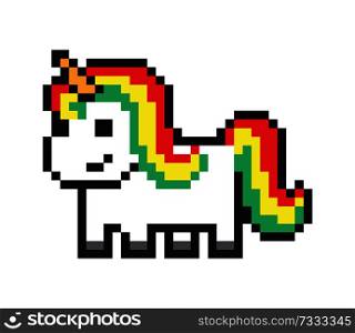 Cute pony, pixel horse isolated on white backdrop, pixel animal with multicolored hair, horse with horn, vector illustration, joyful tale s character. Cute Pony, Pixel Horse Isolated on White Backdrop