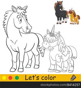 Cute pony unicorn and surprised horse. Kids coloring book page and color template. Vector cartoon illustration. For print, decor, education and game. Coloring and color cute pony unicorn and surprised horse