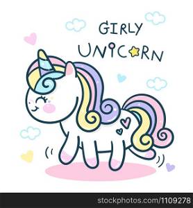 Cute pony vector, Unicorn cartoon girly doodles (Kawaii animal) Illustration of little pink character in pastel color, Fairytales horse. Nursery decoration, hand drawn. Perfect for kid greeting card, Print t shirt.