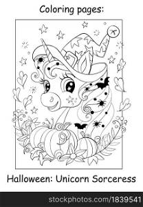 Cute portrait of unicorn in a witch costume with spiders and bats in mane, with flowers and pumpkins. Halloween concept. Coloring book page for children.Vector cartoon illustration.For print and decor. Coloring book page cute portrait of unicorn Halloween