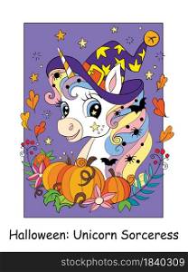 Cute portrait of unicorn in a witch costume with spiders and bats in mane, with flowers and pumpkins. Halloween concept. Vector cartoon illustration. For print, game, decor, puzzle, design, sticker. Cute unicorn witch and pumpkins. Halloween vector cartoon illustration