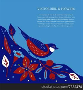 Cute postcard with birds, blueberries and flowers, berries and leaves. Vector illustration.. Lovely birds, berries, flowers and branches. Vector illustration.