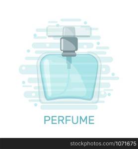 Cute poster with blue perfume bottle isolated on white background. Vector illustration.. Vector Cute poster with blue perfume bottle isolated on white background.