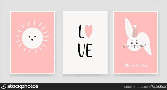 Cute posters with a rabbit , love text, sun, vector prints for the nursery, baby shower, greeting cards, children’s and children’s T-shirts and clothes. Cute posters with a rabbit , love text, sun, vector prints for the nursery, baby shower, greeting cards, children’s and children’s T-shirts and clothes.