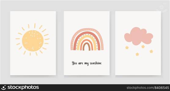 Cute posters with a rainbow and a sun, vector prints for the nursery, baby shower, greeting cards, children’s and children’s T-shirts and clothes. Cute posters with a rainbow and a sun, vector prints for the nursery, baby shower, greeting cards, children’s and children’s T-shirts and clothes.