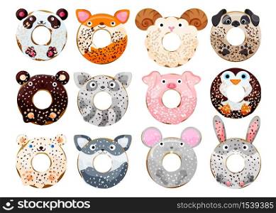 Cute powdered animals donuts set isolated on white vector illustration. Cute cartoon characters.
