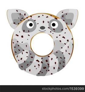 Cute powdered racoon donut isolated on white vector illustration. Cute cartoon character.