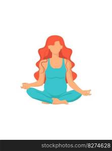 cute pregnant girl in lotus pose with red hair meditating, on white background. vector. 