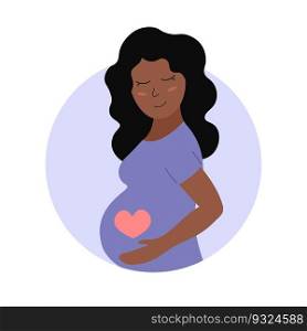 Cute pregnant woman. Happy african american person with heart on belly. Pregnancy concept. Flat vector illustration of expectant mother.. Cute pregnant woman. Happy african american person with heart on belly. Pregnancy concept. Flat vector illustration of expectant mother