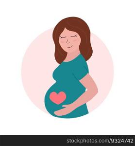Cute pregnant woman. Happy pregnancy concept. Flat vector illustration of expectant mother with heart on belly.. Cute pregnant woman. Happy pregnancy concept. Flat vector illustration of expectant mother with heart on belly