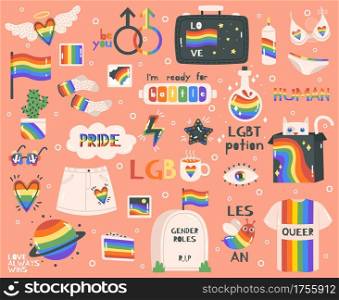 Cute pride symbols. Hand drawn lgbtq pride rainbow, peace sign and flag, pride month symbols and lettering. Lgbtq elements vector illustration set as heart, cat in box, skirt and bee. Cute pride symbols. Hand drawn lgbtq pride rainbow, peace sign and flag, pride month symbols and lettering. Lgbtq elements vector illustration set