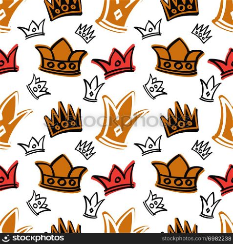 Cute princess birthday vector seamless pattern with pink and gold crowns. Background with majestic crown queen illustration. Cute princess birthday vector seamless pattern with pink and gold crowns