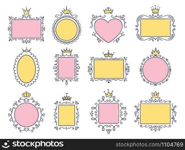 Cute princess frames. Pink mirror frame with princesses crown, majestic hand drawn text borders and royal doodle frame vector set. Collection of maiden boards with victorian diadems and curly elements. Cute princess frames. Pink mirror frame with princesses crown, majestic hand drawn text borders and royal doodle frame vector set. Collection of empty boards with diadems. Tiaras, flourish elements