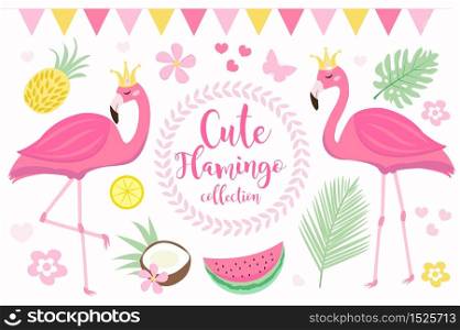 Cute princess pink flamingo set, modern cartoon style. Summer tropical collection for children with coconut, pineapple, palm leaves, flowers. Vector illustration.. Cute princess pink flamingo set, modern cartoon style. Summer tropical collection for children with coconut, pineapple, palm leaves, flowers. Vector illustration