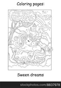 Cute princess unicorn dreams in a flower meadow. Kids coloring book page. Vector cartoon illustration on white background. Linear drawing. For colorings, prints, posters, stickers, puzzle. Cute princess unicorn dreams in a flower meadow kids coloring