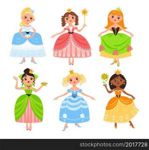 Cute princesses. Funny girls in lush beautiful dresses, young beauties, little queens with crowns, kids fabulous characters, fairy tale adorable fantasy children vector cartoon flat style isolated set. Cute princesses. Funny girls in lush beautiful dresses, young beauties, little queens with crowns, kids fabulous characters, fairy tale adorable children vector cartoon flat isolated set