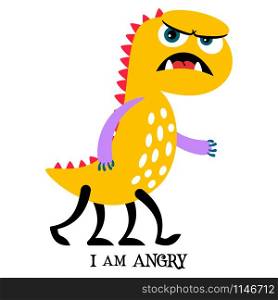 Cute print for t-shirt design with funny monster and text i am angry, vector illustration. Angry yellow monster print design