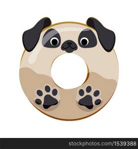 Cute pug dog donut isolated on white vector illustration. Cute cartoon character.