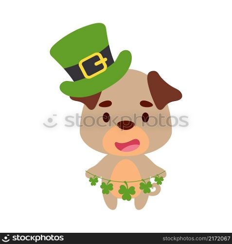 Cute pug dog in St. Patrick&rsquo;s Day leprechaun hat holds shamrocks. Irish holiday folklore theme. Cartoon design for cards, decor, shirt, invitation. Vector stock illustration.