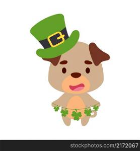 Cute pug dog in St. Patrick&rsquo;s Day leprechaun hat holds shamrocks. Irish holiday folklore theme. Cartoon design for cards, decor, shirt, invitation. Vector stock illustration.