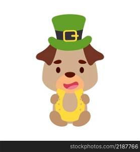 Cute pug dog St. Patrick’s Day leprechaun hat holds horseshoe. Irish holiday folklore theme. Cartoon design for cards, decor, shirt, invitation. Vector stock illustration.