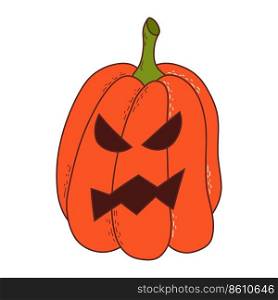 Cute pumpkin with funny face. Halloween element. Vector illustration in hand drawn style.. Cute pumpkin with funny face. Halloween element. Vector illustration in hand drawn style