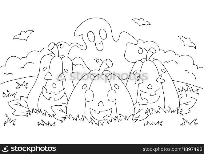 Cute pumpkins and a ghost. Coloring book page for kids. Cartoon style character. Vector illustration isolated on white background. Halloween theme.