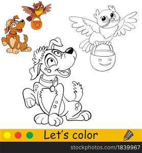 Cute puppy and a flying owl with a pumpkin. Halloween concept. Coloring book page for children with colorful template. Vector cartoon illustration. For print, preschool education and game. Coloring with template Halloween boy in dragon costume
