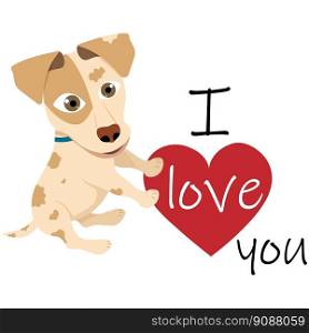Cute puppy with a heart and the inscription love. For postcards, t-shirts. On white background.